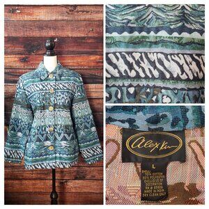 Alex Kim Vintage Jacket L Teal Tapestry Abstract Art Boho Wooden Button